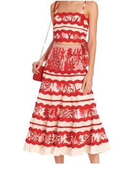 FARM Rio Red and Cream Tiered Floral Midi Skirt and top